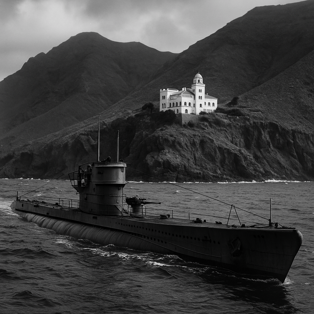 Ein altes Bild mit einem U-Boot vor der Villa Winter