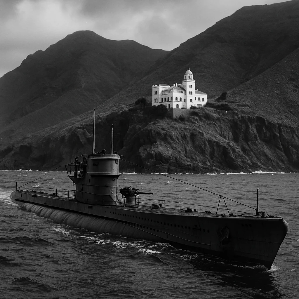 Ein altes Bild mit einem U-Boot vor der Villa Winter