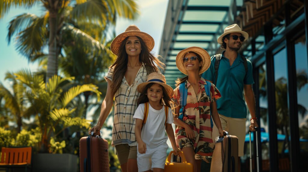 Familie auf Reisen mit Koffern im Hotel