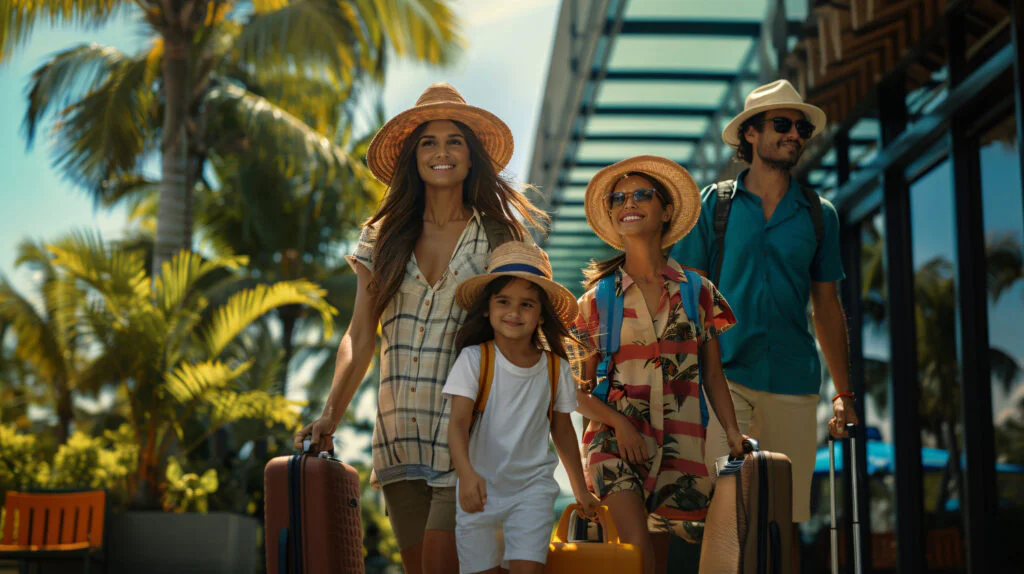 Familie auf Reisen mit Koffern im Hotel