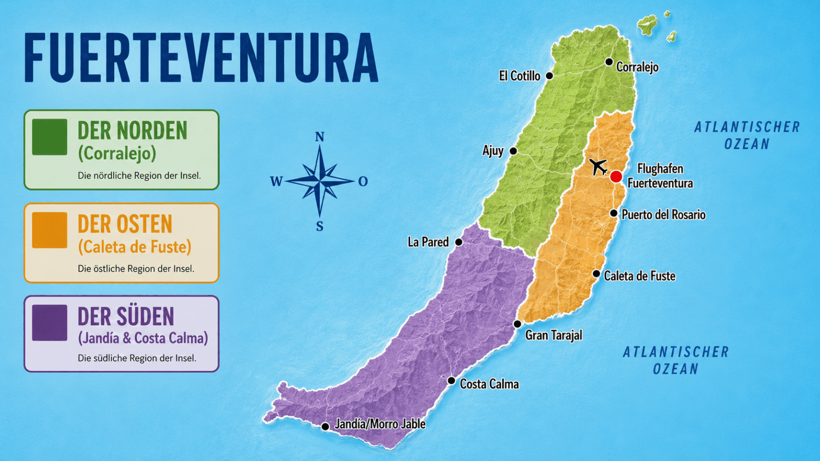 Karte von Fuerteventura mit den Regionen Norden (Corralejo), Osten (Caleta de Fuste) und Süden (Jandía & Costa Calma) inklusive Flughafen